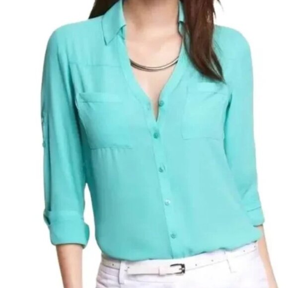 Express Portofino Shirt | S | Aqua Teal Button-Down Blouse - Picture 1 of 3